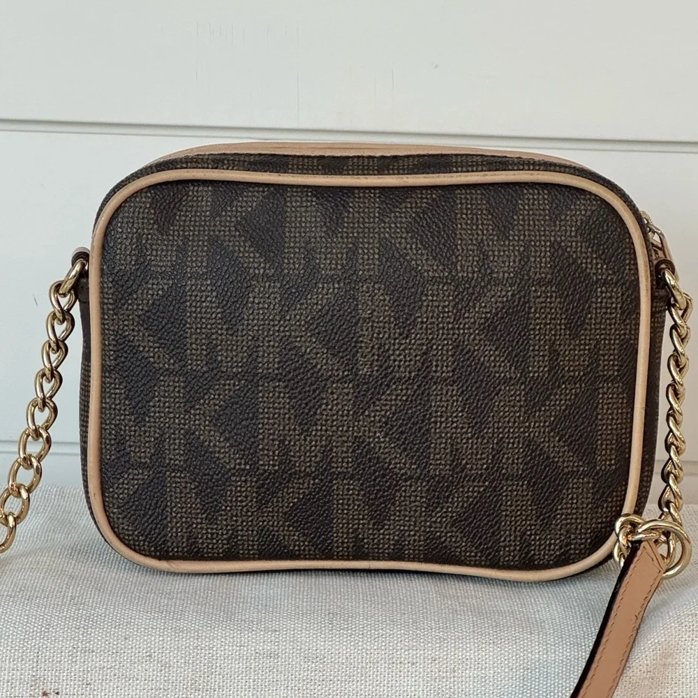 Michael Kors Dark Brown Monogram Camera Crossbody Bag with Gold Accents
